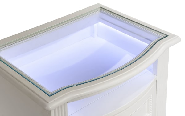 Madelyn White 2 Drawer Nightstand with glass top and built-in LED nightlight, poplar and pine solids, curved front, and faux crystal ball hardware.