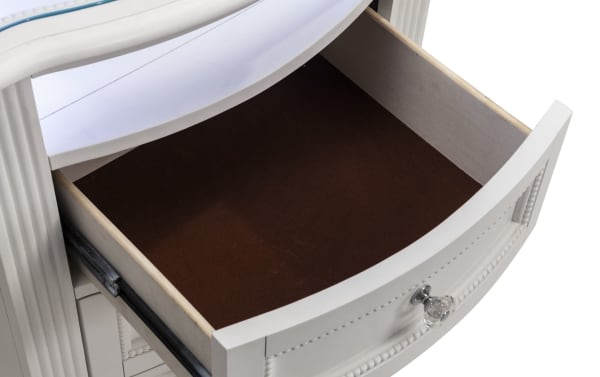 Open drawer of Madelyn White 2 Drawer Nightstand showing brown felt-lined interior, white poplar and pine solid wood frame, and crystal ball hardware knob.