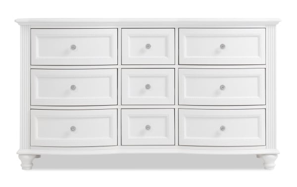 Madelyn White 9 Drawer Dresser in glam style with pine and poplar solids, faux crystal ball knobs, and full extension drawer glides for ample storage.