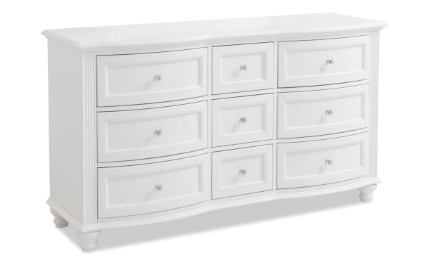 Madelyn White 9 Drawer Dresser in glam style with pine and poplar solids, white finish, crystal ball knobs, and curved drawer fronts for girls' rooms.