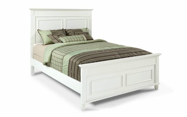 Spencer Full White Panel Bed in transitional style with hardwood solids, MDF, and poplar construction, featuring a classic paneled headboard and footboard.