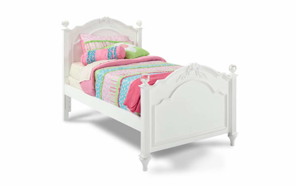 Madelyn Twin White Panel Bed in glam style with pine and poplar solids, featuring heart and flower trim, faux crystal ball bedposts, and decorative paneling.