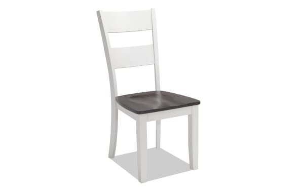 Blake White & Gray Ladder Back Dining Chair from Blake collection, cottage style with birch, hardwood, mango, and rubberwood veneers, featuring a white frame and gray contoured seat.