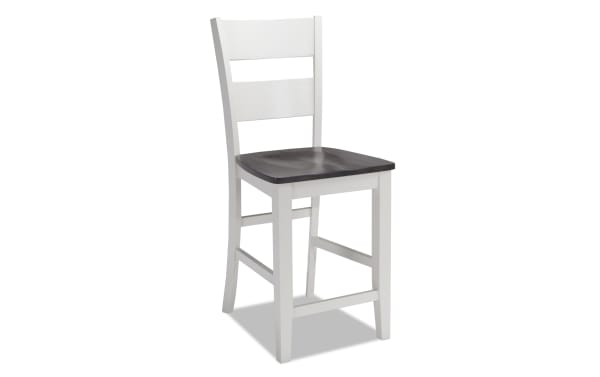 Blake White & Gray Ladder Back Counter Height Stool with birch, mango veneers, and hardwood solids in cottage style, featuring a gray contoured seat and white ladder back frame.
