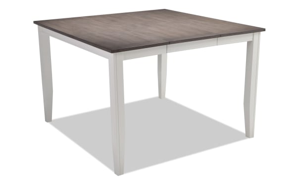 Blake White & Gray Extendable Counter Height Square Dining Table with cottage style, MDF, birch and mango veneers, hardwood and rubberwood solids, 36" to 54" length.