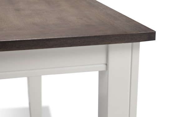 Blake White & Gray Extendable Counter Height Square Dining Table with dark wood top, white base, cottage style, and solid hardwood construction.