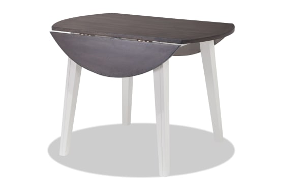 Blake White & Gray Round Drop Leaf Dining Table from Blake collection, cottage style with gray MDF and birch veneer top, white hardwood legs, compact for small spaces.