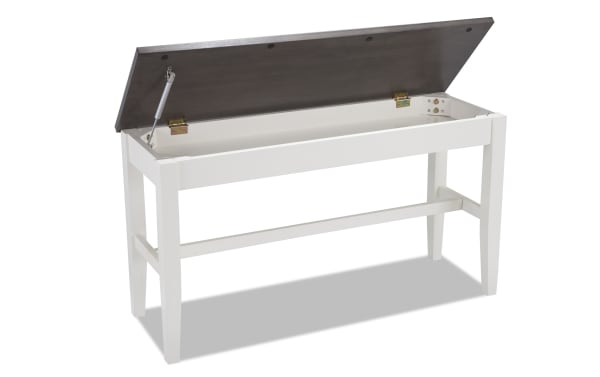 Blake White & Gray Counter Height Storage Dining Bench with hinged dark gray top, white cottage-style frame, and hidden storage compartment.