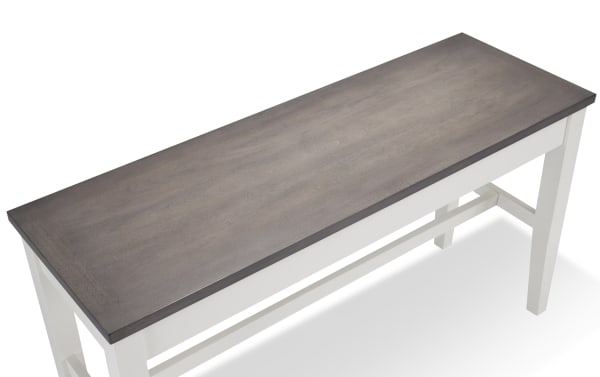 Blake White & Gray Counter Height Storage Dining Bench with gray wood top, white base, cottage style, made from MDF, birch, mango, and rubberwood solids.