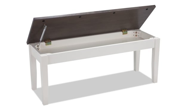 Blake White & Gray Storage Dining Bench with cottage style, solid hardwood and MDF frame, featuring a lift-up gray top for hidden storage.