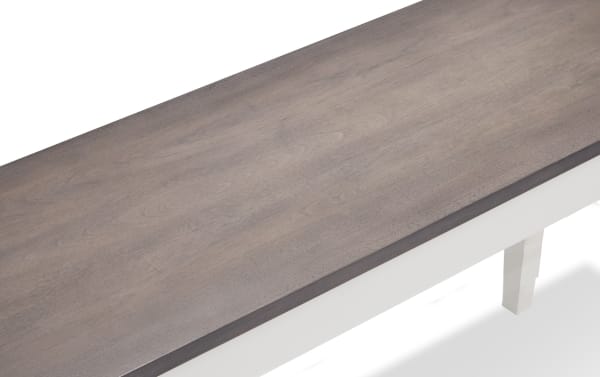 Blake White & Gray Storage Dining Bench with cottage style, gray wood top, white base, and sturdy hardwood and veneer construction.