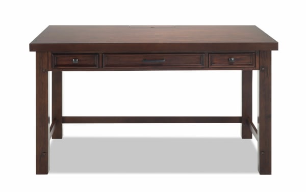 Hudson Pecan 3 Drawer Desk in rustic transitional style with dark brown rubberwood, mango veneer, pewter hardware, and three functional drawers.