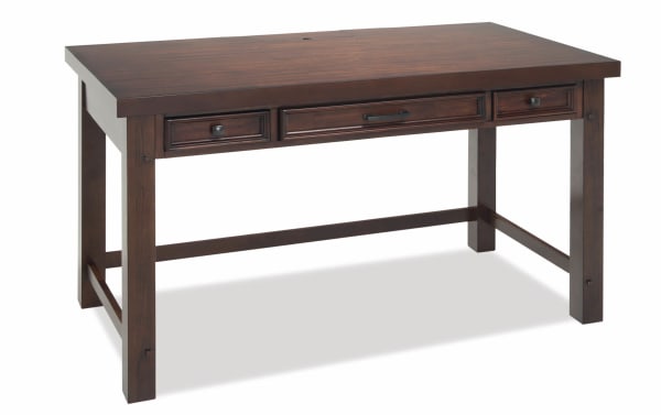 Hudson Pecan 3 Drawer Desk in transitional style with rustic dark wood finish, pewter hardware, rubberwood and mango veneers, featuring a middle pullout keyboard drawer and two smaller storage drawers.