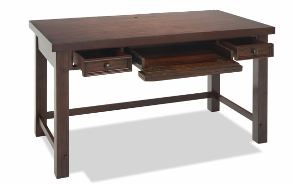 Hudson Pecan 3 Drawer Desk in transitional style with rustic dark wood finish, rubberwood and mango veneers, featuring a middle pullout keyboard tray and two storage drawers with pewter hardware.