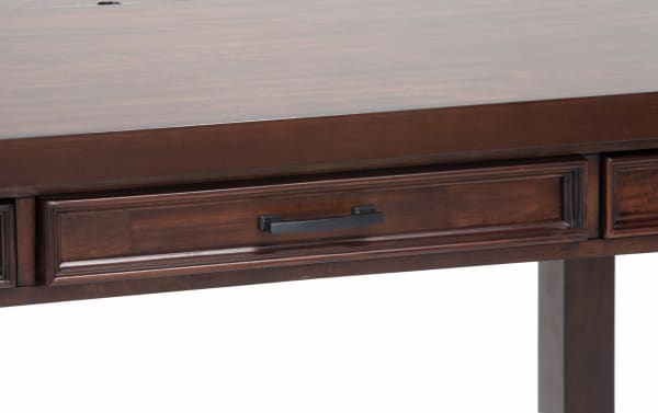 Hudson Pecan 3 Drawer Desk with rich pecan finish, transitional style, rubberwood and mango veneer construction, featuring a central pullout keyboard drawer and pewter hardware.