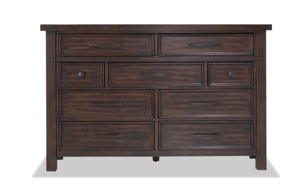 Hudson Pecan 9 Drawer Dresser in rustic transitional style with distressed dark wood finish, rubberwood and mango veneer, pewter metal hardware, felt-lined top drawers, from Hudson Bedroom collection.
