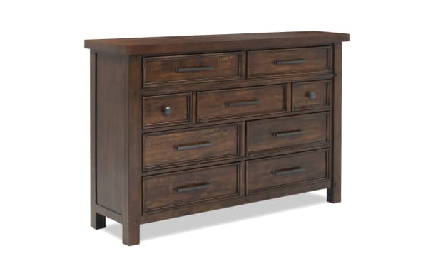Hudson Pecan 9 Drawer Dresser in rustic transitional style with distressed pecan finish, metal pewter hardware, and mixed wood materials from Hudson Bedroom collection.