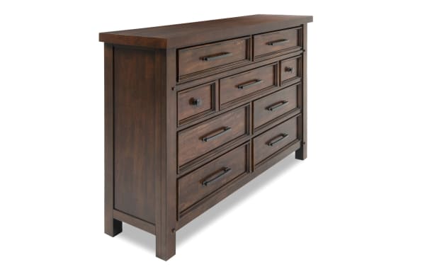Hudson Pecan 9 Drawer Dresser in rustic transitional style, made of rubberwood, pine, MDF, mango veneer, and plywood with pewter-finished metal hardware.