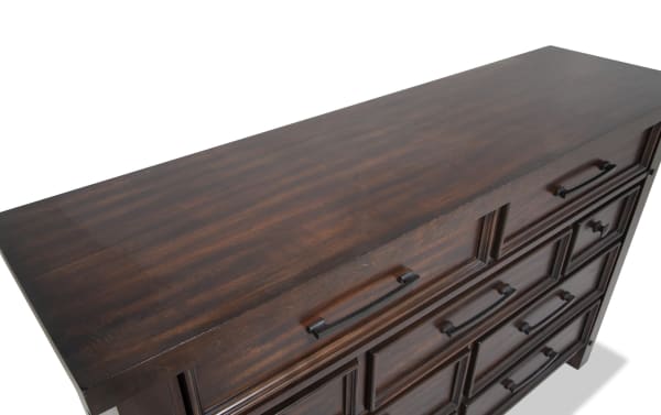 Hudson Pecan 9 Drawer Dresser in dark brown distressed finish, transitional style with rubberwood, pine, MDF, mango veneer, and pewter-finish metal handles.