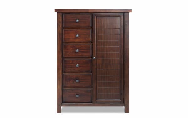 Hudson Pecan 8 Drawer Wardrobe from Hudson Bedroom collection, transitional style with rustic distressed finish, rubberwood and mango veneer, pewter hardware, six drawers and side door storage.