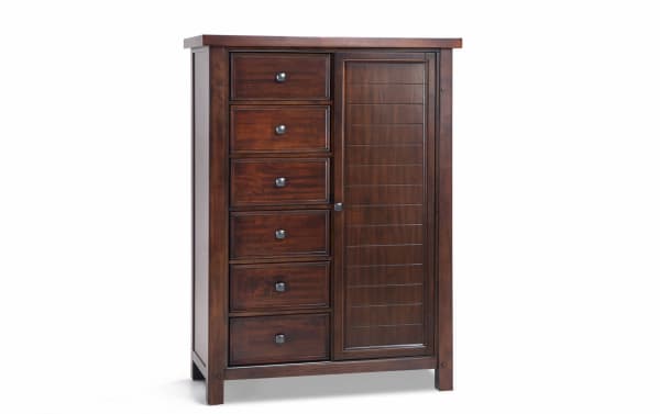Hudson Pecan 8 Drawer Wardrobe in rustic transitional style with distressed finish, rubberwood and mango veneer, featuring six drawers and a paneled door.
