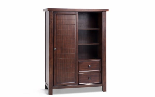Hudson Pecan 8 Drawer Wardrobe in rustic transitional style with dark pecan finish, rubberwood and mango veneer, featuring shelves, two drawers, and pewter hardware.