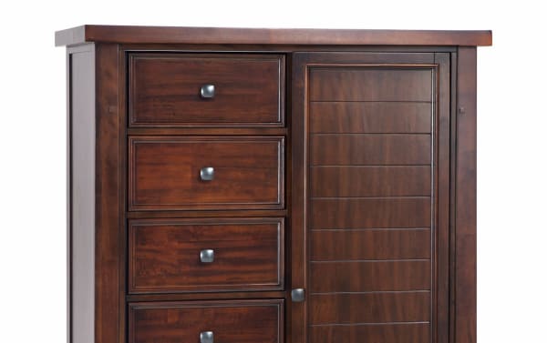Hudson Pecan 8 Drawer Wardrobe in transitional rustic style with distressed finish, rubberwood and mango veneers, pewter hardware, ample drawer and shelf storage.