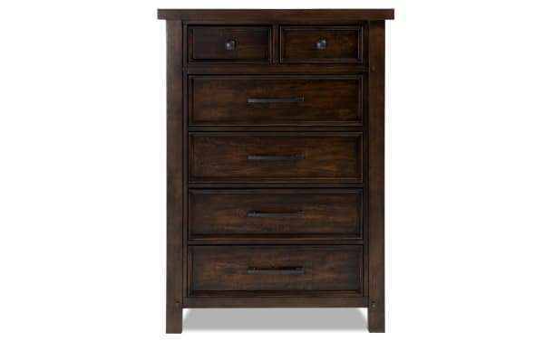 Hudson Pecan 6 Drawer Chest in dark distressed finish with pewter metal hardware, rubberwood and mango veneer, transitional rustic bedroom storage.