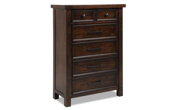 Hudson Pecan 6 Drawer Chest in rustic transitional style with distressed dark wood, metal pewter hardware, made of rubberwood, pine, MDF, mango veneer.