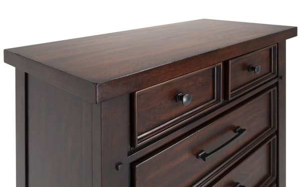 Hudson Pecan 6 Drawer Chest in dark distressed wood with metal pewter-finish hardware, transitional style, rubberwood and mango veneer construction.