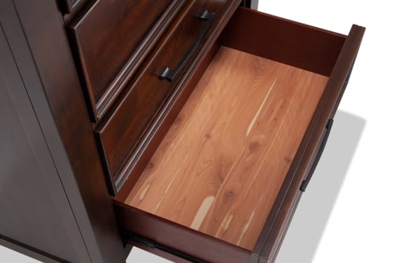 Hudson Pecan 6 Drawer Chest open drawer showing smooth pine solid wood interior, transitional style with dark distressed rubberwood exterior and pewter metal handles.