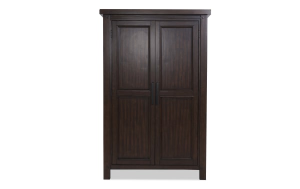 Dark brown wooden wardrobe with two paneled doors and black vertical handles, featuring a classic, sturdy design suitable for bedroom storage.