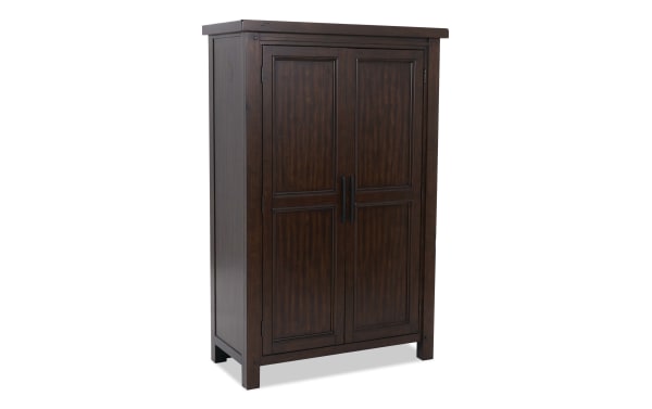 Dark brown wooden storage cabinet with two paneled doors and black vertical handles, featuring a classic, sturdy design for home organization.