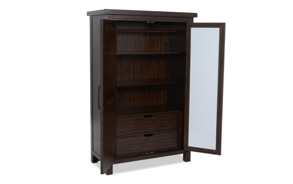 Dark brown wooden wardrobe with two open doors, featuring two drawers, shelves, a hanging rod, and a full-length mirror on the right door.