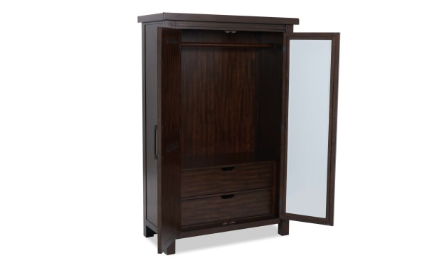 Dark brown wooden wardrobe with two drawers, hanging rod, and full-length mirror on the inside of one door, modern design.
