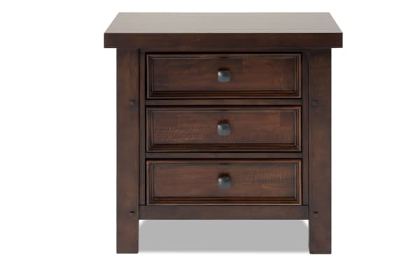 Hudson Pecan 3 Drawer Nightstand in rustic dark brown finish with pewter metal hardware, transitional style, rubberwood and mango veneer construction.