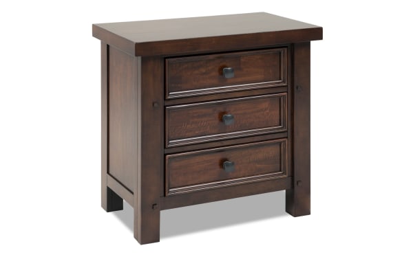 Hudson Pecan 3 Drawer Nightstand in rustic brown finish, transitional style with rubberwood, pine, mango veneers, and pewter metal hardware.