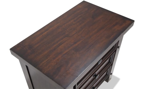 Hudson Pecan 3 Drawer Nightstand in rich brown finish with rustic transitional style, rubberwood and mango veneer, metal pewter hardware, and USB charging ports.