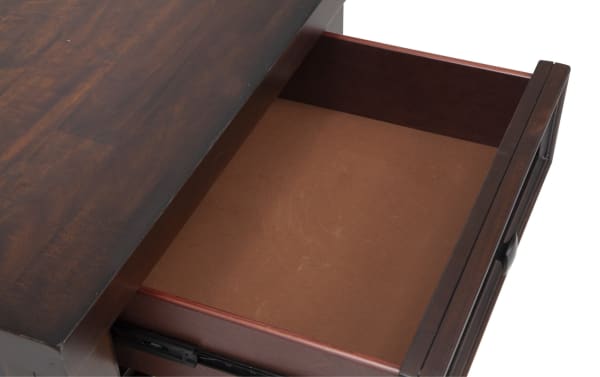 Open drawer of Hudson Pecan 3 Drawer Nightstand showing smooth brown interior, transitional style with dark wood finish and metal hardware.