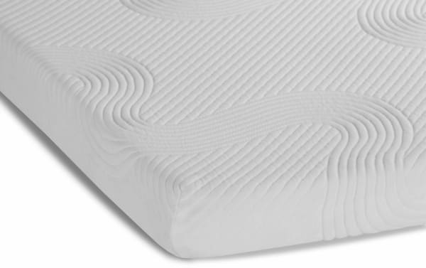 4.5-inch white queen gel sleeper sofa firm mattress with textured wave pattern and stretch knit fabric cover, Bob-O-Pedic brand.