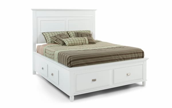 Spencer Full White Storage Platform Bed in transitional style with hardwood solids, MDF, and poplar. Features classic white finish and multiple built-in storage drawers.