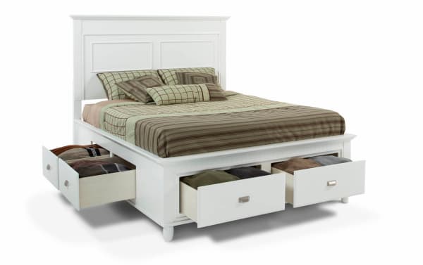Spencer Full White Storage Platform Bed in transitional style with hardwood solids, MDF, and poplar, featuring multiple spacious white drawers for bedroom storage.