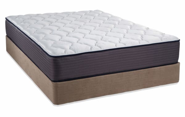 Full size Mismatched Bedding mattress set with white quilted polyester fabric mattress top and dark gray sides, paired with a light brown fabric foundation.