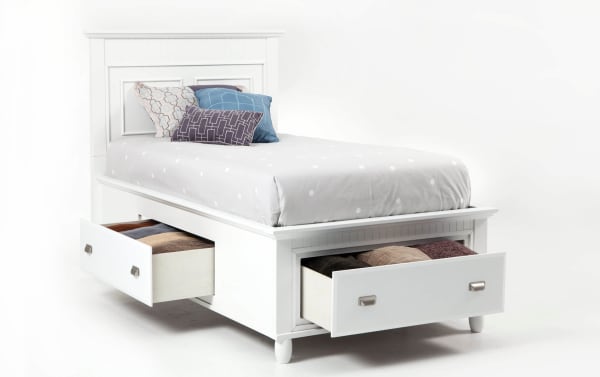Spencer Twin White Storage Platform Bed in transitional style with hardwood solids, MDF, and poplar, featuring built-in drawers for spacious bedroom storage.