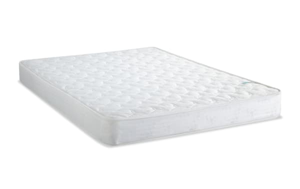 Perfection 6.5'' Full Firm Mattress by Bob's, white quilted innerspring mattress with firm support, durable edge stitching, and plush top layer for value and comfort.