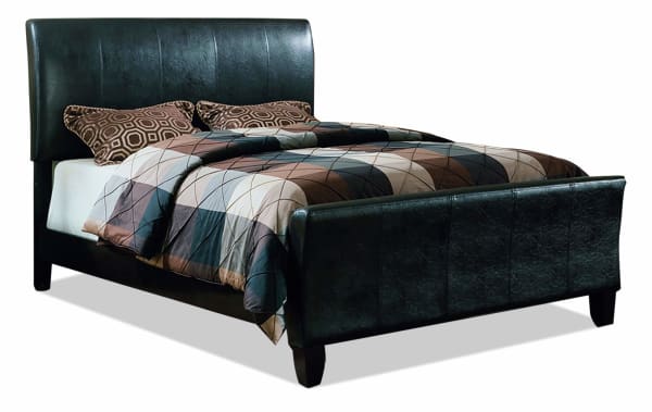 Jonathan Queen Dark Brown Upholstered Sleigh Bed in transitional style with dark brown faux leather polyurethane upholstery and curved headboard and footboard.