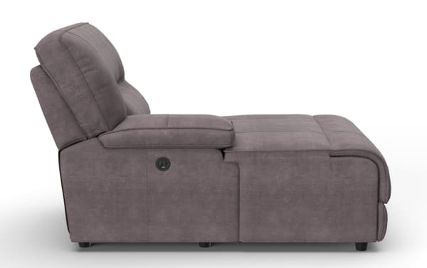 Gray fabric reclining chair fully extended with cushioned armrest and padded backrest, designed for comfort and relaxation.