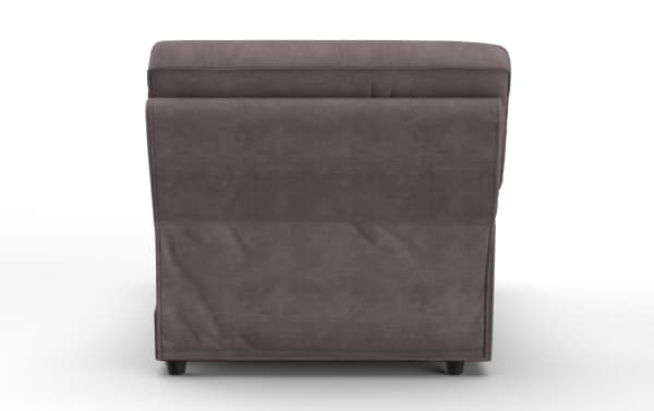 Dark gray upholstered fabric armchair shown from the back, featuring a modern, clean-lined design with subtle stitching and short black legs.