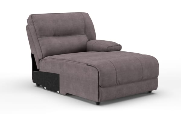 Modern gray fabric chaise lounge chair with plush cushioning, curved armrest, and low black legs, ideal for living room comfort.