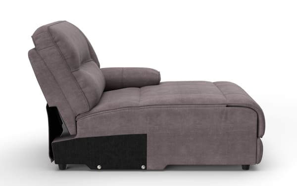 Modern gray fabric upholstered reclining chair with plush cushioning and padded armrest, designed for comfortable seating and relaxation.